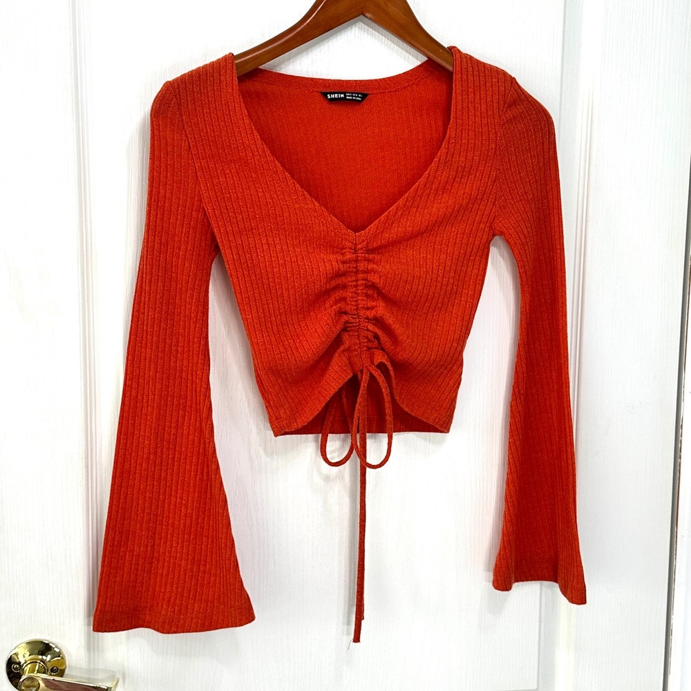 SHEIN Womens Burnt Orange Ribbed Bell Sleeve Drawstring Ruched Crop Top Size S - Picture 2 of 8